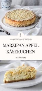 Marzipan Apfel Käsekuchen mit Amaretto Rezept für super cremigen Käsekuchen mit frischen Äpfeln, Marzipan und Amaretto. Oben drauf gibt es noch eine Mandelglasur. Ganz einfach und schnell mit Keksboden #Käsekuchen #Marzipan
