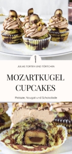 Rezept für Mozartkugel Cupcakes. Pistazien-Schoko Marmor Muffin mit Mozartkugel-Füllung und sahnigem Nougat-Mascarpone Topping.