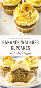 Rezept für Bananen Walnuss Cupcakes mit Frischkäse Topping, einfach und schnell. Saftiger Bananen Walnuss Muffins mit Buttercreme Frischkäsetopping. #Cupcakes #rezept #bananen