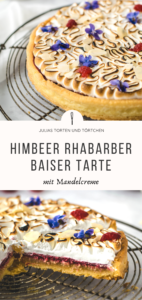 Saisonales einfaches Rezept für fruchtig süße Himbeer Rhabarber Baiser Tarte mit Mandelcreme dekoriert mit frischen Blüten. #Tarte #Rhabarber #Baiser #Himbeer #Frucht
