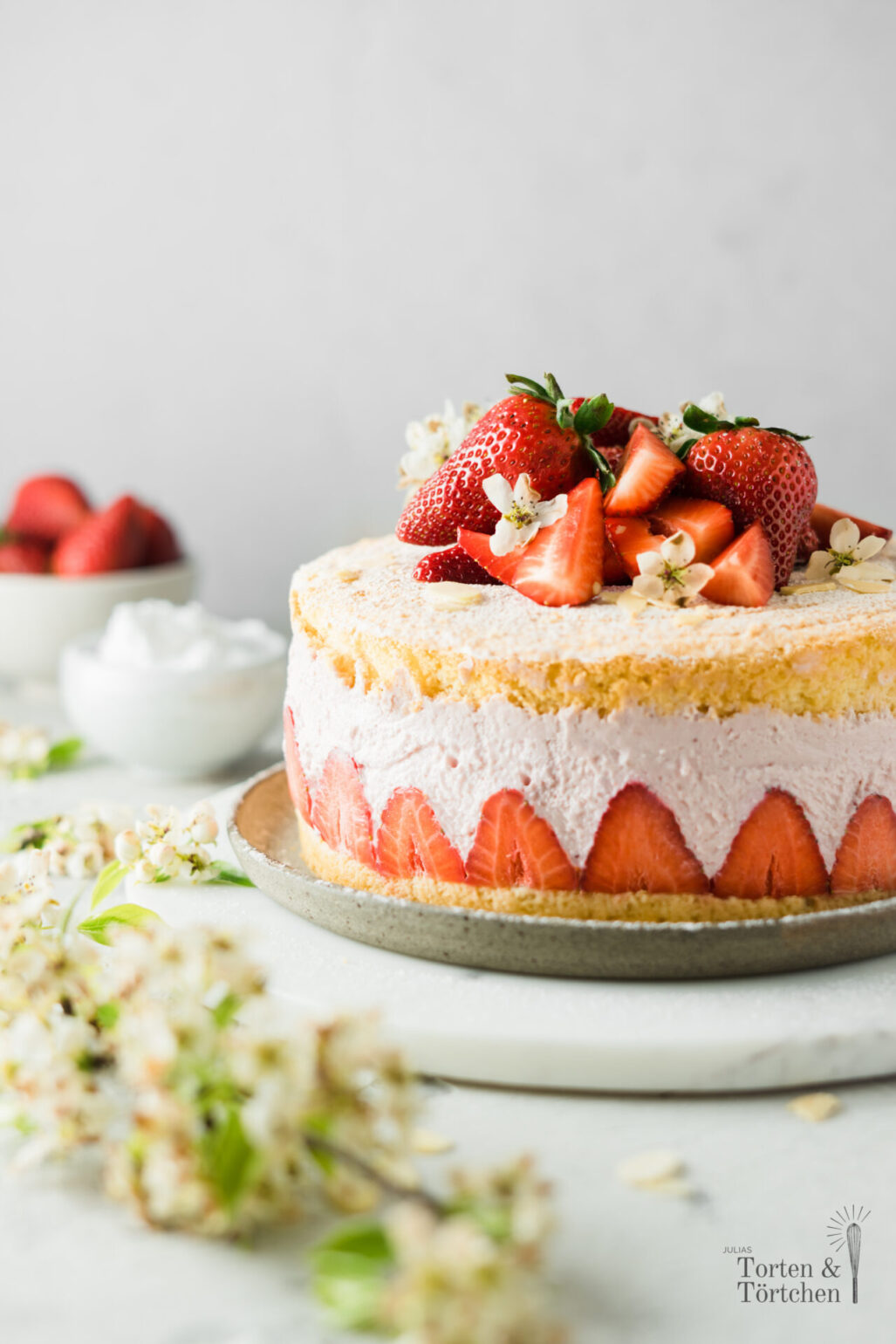Einfaches Rezept für eine fruchtige Käse Sahne Torte mit frischen Erdbeeren. Diese kleine Käse Sahne Torte ist super leicht gemacht und schmeckt super fruchtig nach Erdbeeren! #Erdbeeren #Erdbeertorte #KäseSahne #Torte #Saisonal #Käsekuchen #Biskuit