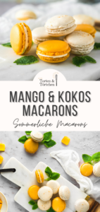 Mein bestes Rezept für Macarons! Mit sommerlicher Füllung aus gerösteter Kokosnuss oder Mango weißer Schokolade. Französische Macarons mit einfacher Füllung selber machen. #Macarons #Rezept #Mango #Kokos #Backen