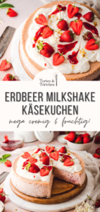 Entdecke ein einfaches Rezept für einen super cremigen Erdbeer Cheesecake nach New York Cheesecake Art. Dieser köstliche Käsekuchen erhält seinen charmanten rosa Farbton durch pürierte Erdbeeren. Die sahnige Haube und die frischen Erdbeeren bilden eine schöne Verzierung. Einfach die perfekte Kombination aus fruchtiger Erdbeere und sahniger Cheesecakemasse. Damit schmeckt dieser Käsekuchen einfach wie der bester Erdbeer Milkshake! #Erdbeeren #Backen #Käsekuchen #Cheesecake