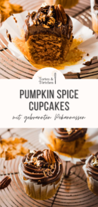 Ein einfaches Rezept für herbstliche Pumpkin Spice Cupcakes mit gebrannten Pekannüssen. Die karamellisierten Nüsse auf einer reichen Schokoadencreme passen einfach so gut zu dem gewürzten saftigen Kürbismuffin! #Pumpkinspice #backen #Rezept #Kürbis #Herbstrezepte #Nüsse #Muffins #Cupcakes