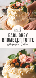 Eine elegante Lambeth Torte mit zarten Earl Grey Böden, gefüllt mit Mascarpone Creme und Brombeerkompott. Die Torte ist in Buttercreme eingestrichen und nach der Lambeth-Methode dekoriert. Perfekt für besondere Anlässe oder einfach zum Genießen. #Lambeth #Tortendekoration #EarlGrey #Rezept #Torte