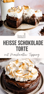 Ein einfaches Rezept für einen super saftigen und fudgy Heiße Schokoladen Kuchen. Der Boden ist wie ein Mix aus Brownie und Schokokuchen, oben drauf kommt eine samtige Schokoladen Ganache, bevor alles von flambiertem Baiser getoppt wird. #Schokoladenkuchen #Heißeschokolade #backen #Ganache #Schokolade #Baiser