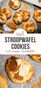 Stroopwaffel Cookies mit weißer Schokolade, außen goldbraun und innen weich. Die Kombination aus karamelligen Stroopwaffeln, cremiger Schokolade und feinem Meersalz macht diese Cookies besonders aromatisch. Ein einfaches Cookie Rezept für besondere Kekse, perfekt zum Kaffee oder als süßes Dessert. #cookies #cookierezept #stroopwaffel #backen #kekse #dessert #backliebe #einfachbacken