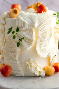 Kirsch Jasmin Mascarpone Torte mit feinen Jasminteeböden, fruchtigem Kirschkompott und cremiger Vanille-Mascarponefüllung. Eine elegante Sommertorte mit zartem Teearoma, frischen Kirschen und geschwungener Buttercreme-Dekoration – besonders schön für festliche Kaffeetafeln, Geburtstage und sommerliche Anlässe. #kirschtorte #tortenrezept #mascarponecreme #jasminttee #sommertorte #geburtstagstorte #backen #kirschrezept #buttercreme #foodphotography