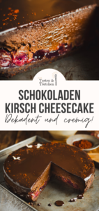 Mein Rezept für einen dekadenten Schokoladen Kirsch Cheesecake mit dunkler Ganache, cremig schokoladiger Frischkäsemasse und fruchtigem Kirschkompott auf Schokokeksboden. Intensiv schokoladig, samtig und mit genau der richtigen Balance aus süß, herb und fruchtig! #cheesecake #schokocheesecake #kirschcheesecake #schokoladenkuchen #kirschkuchen #ganache #backen #kuchenrezept #dessert